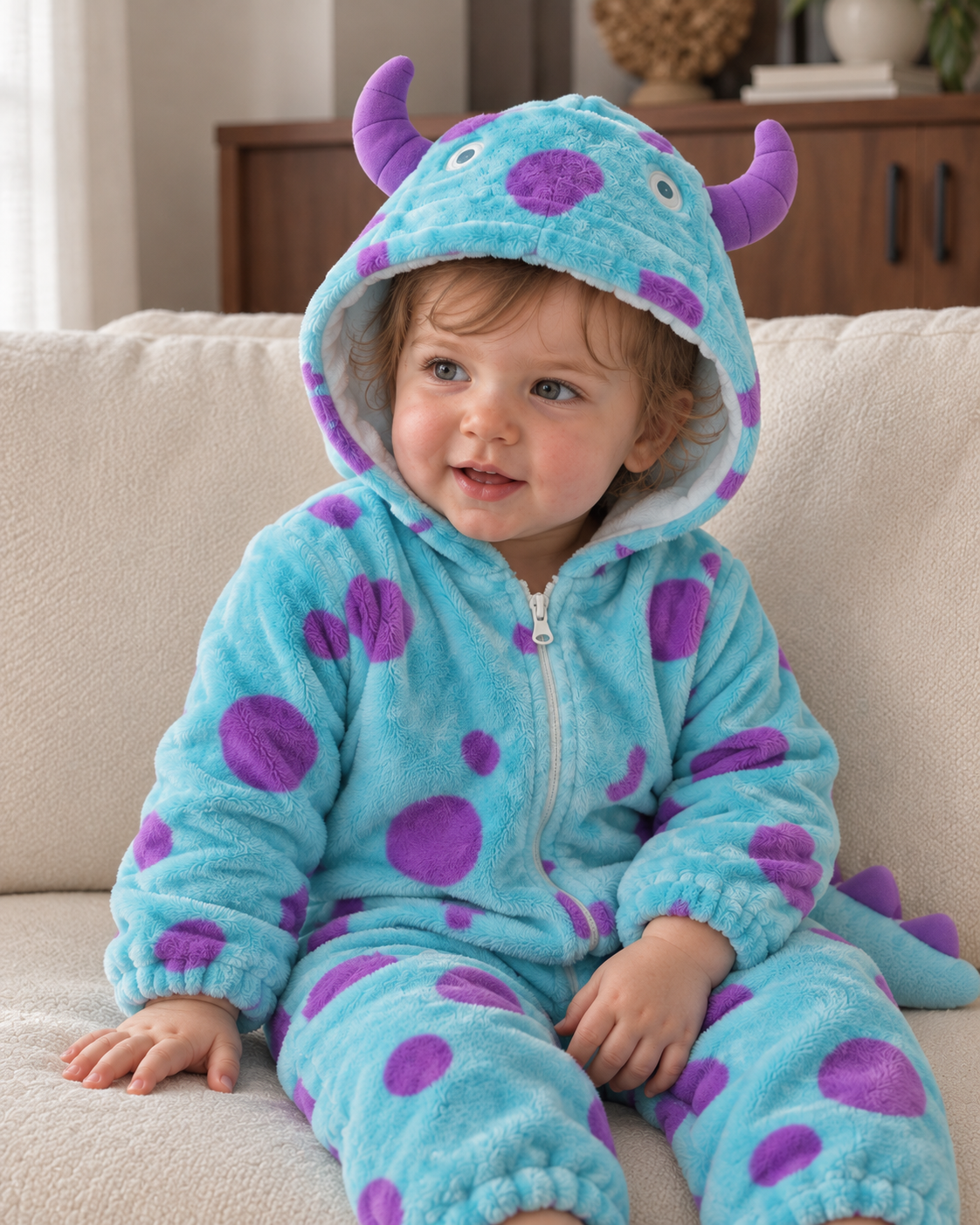 Monster jumpsuit with purple horns, worn by a child sitting on a sofa