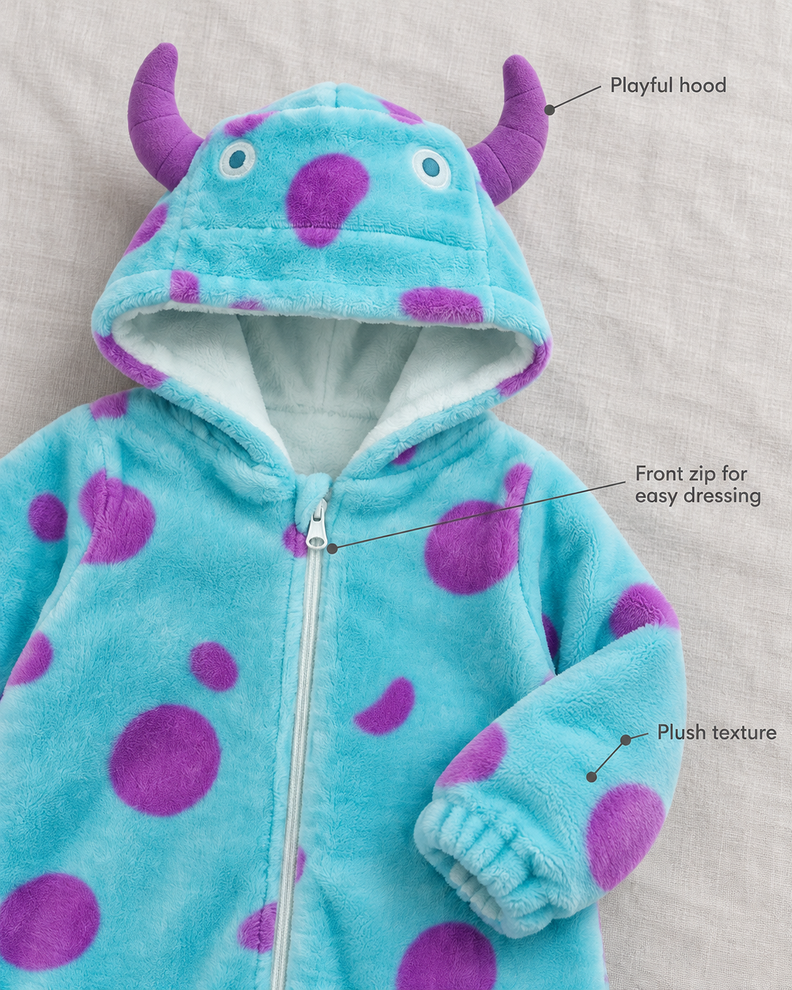 Monster jumpsuit details showing the hood, front zip and plush texture