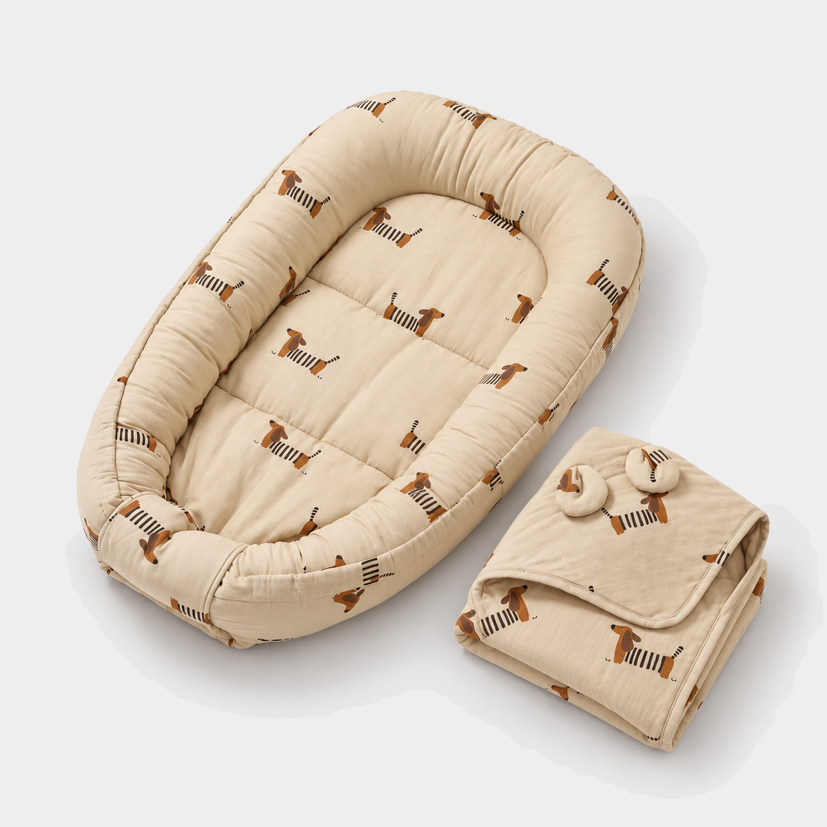 Khaki Dachshund muslin nest and matching folded hooded blanket