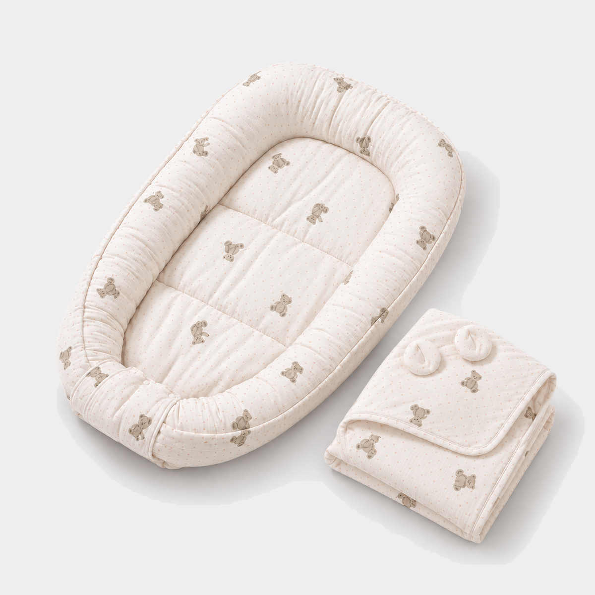 Milk White Bear muslin nest and matching folded hooded blanket