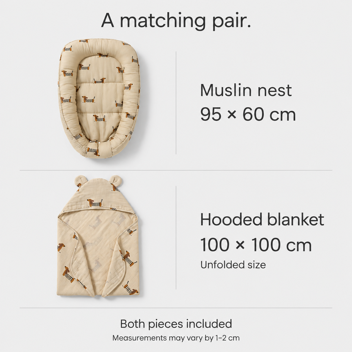 Matching set: nest 95 × 60 cm and hooded blanket 100 × 100 cm unfolded