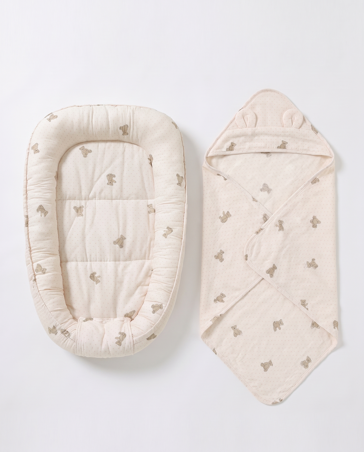 Milk White Bear muslin nest and matching hooded blanket, shown separately