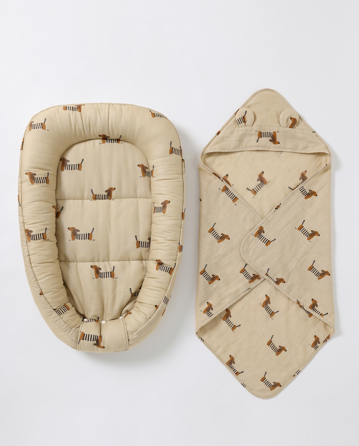 Khaki Dachshund muslin nest and matching hooded blanket, shown separately