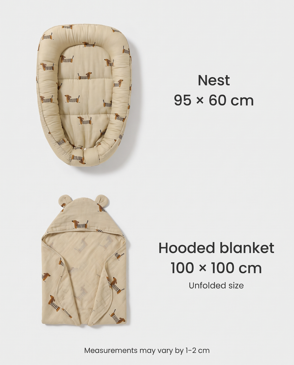 Nest 95 by 60 cm and hooded blanket 100 by 100 cm unfolded