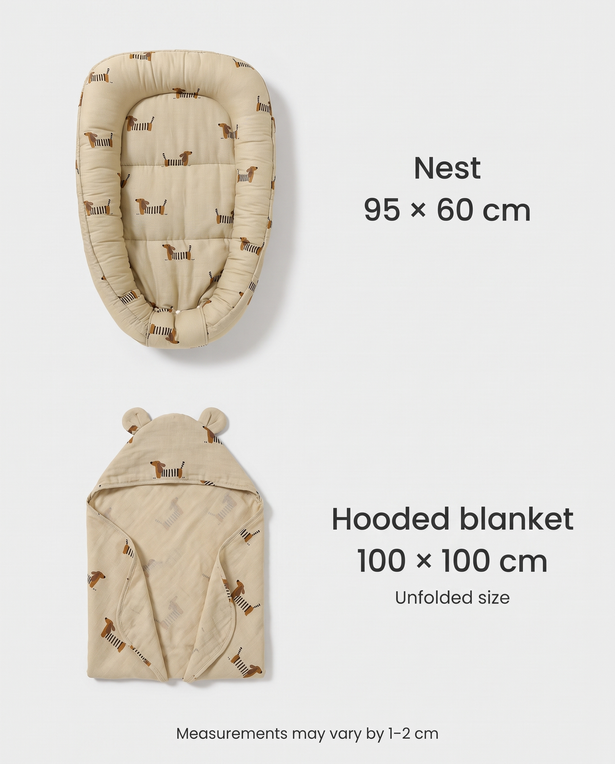 Nest 95 by 60 cm and hooded blanket 100 by 100 cm unfolded