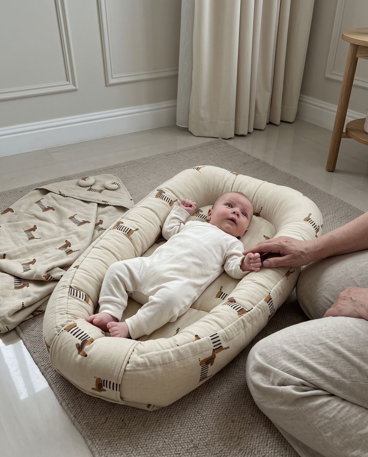 Baby awake in the Khaki Dachshund nest with a parent alongside and matching blanket nearby