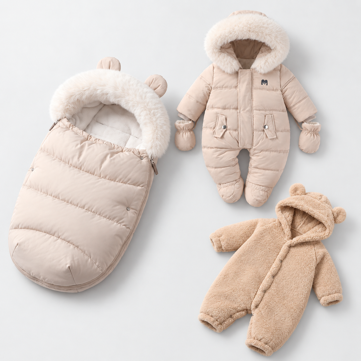 BearWarm footmuff, Arctic Cloud snowsuit and Plush romper.
