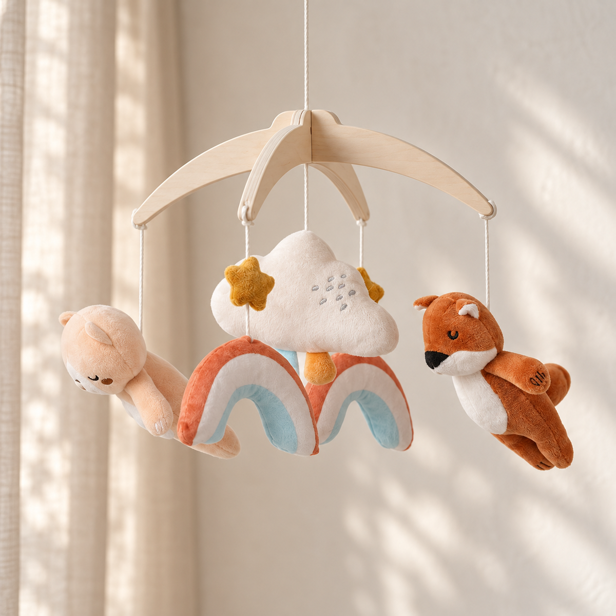 Fox & Bear plush mobile hanging in a neutral nursery interior.