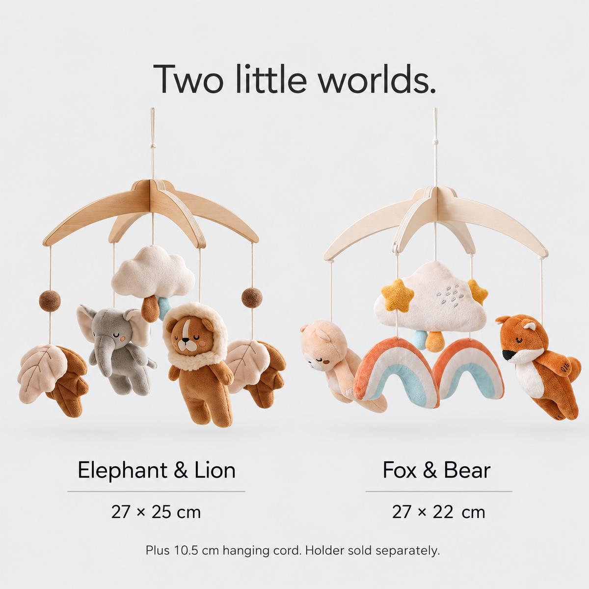 Elephant & Lion 27 × 25 cm and Fox & Bear 27 × 22 cm; 10.5 cm hanging cord; holder sold separately.
