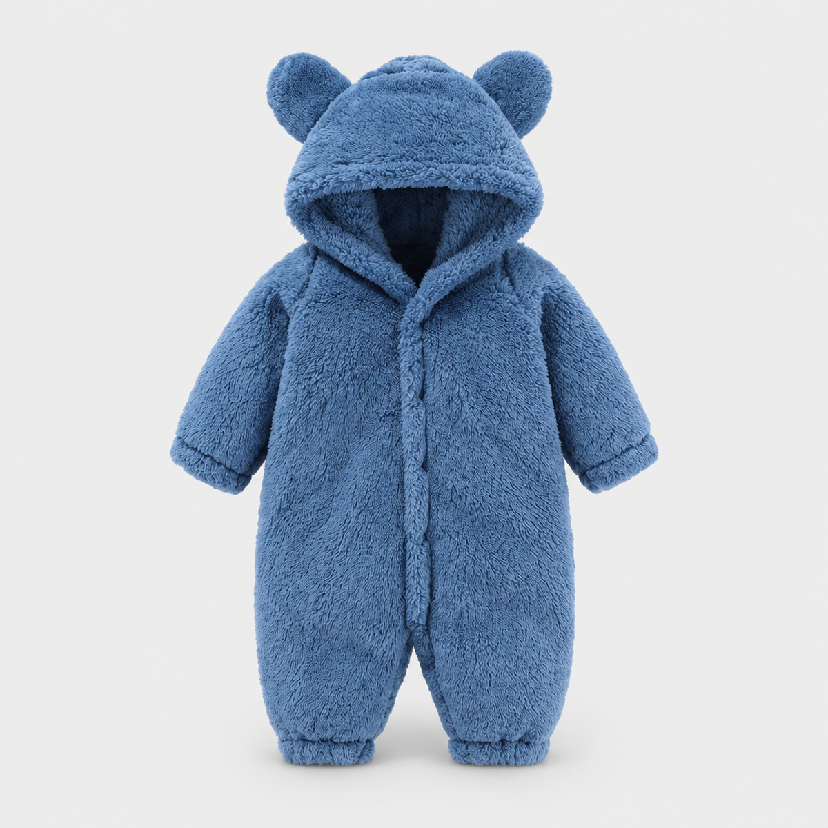 Blue plush baby hooded romper with bear ears, studio product view