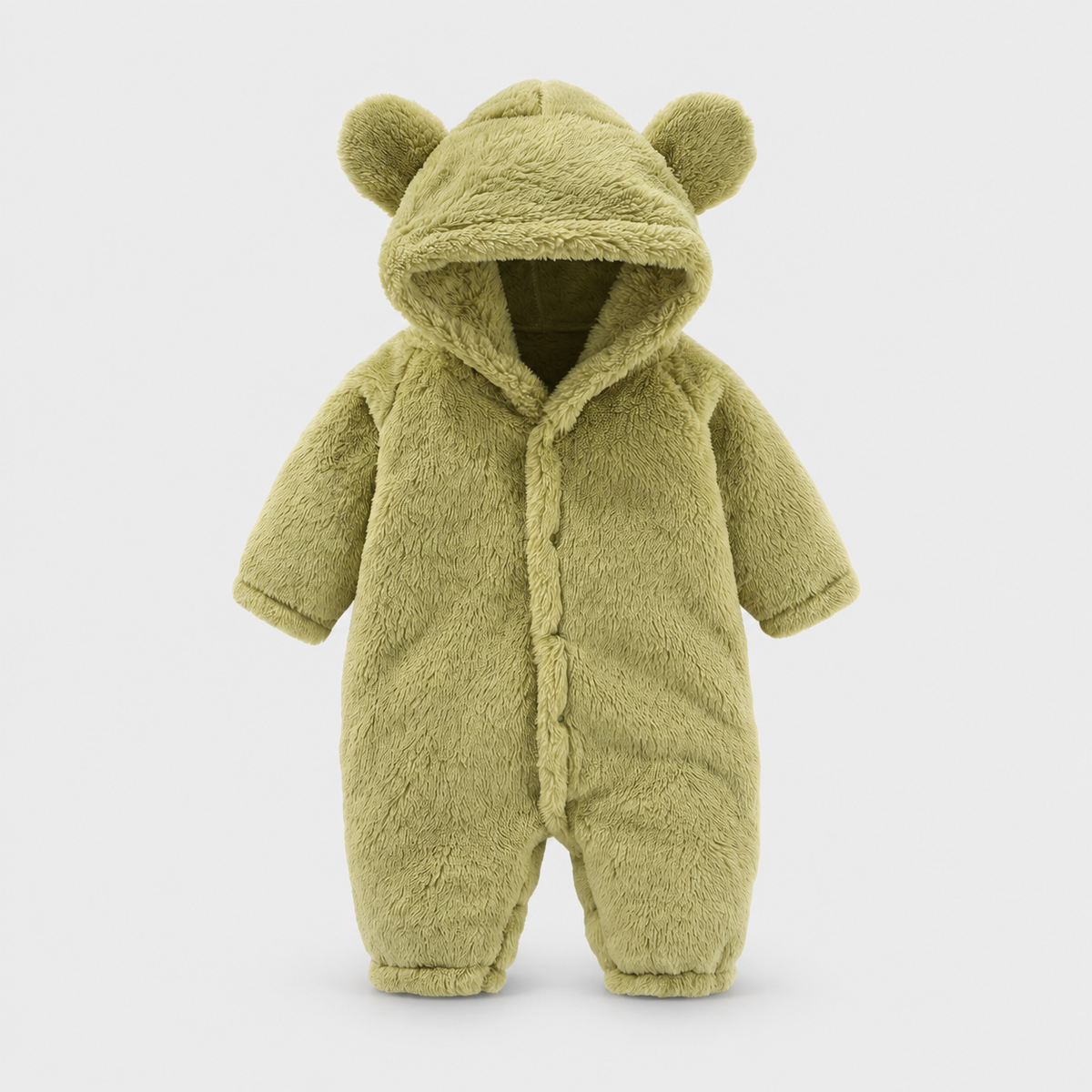 Green plush baby hooded romper with bear ears, studio product view