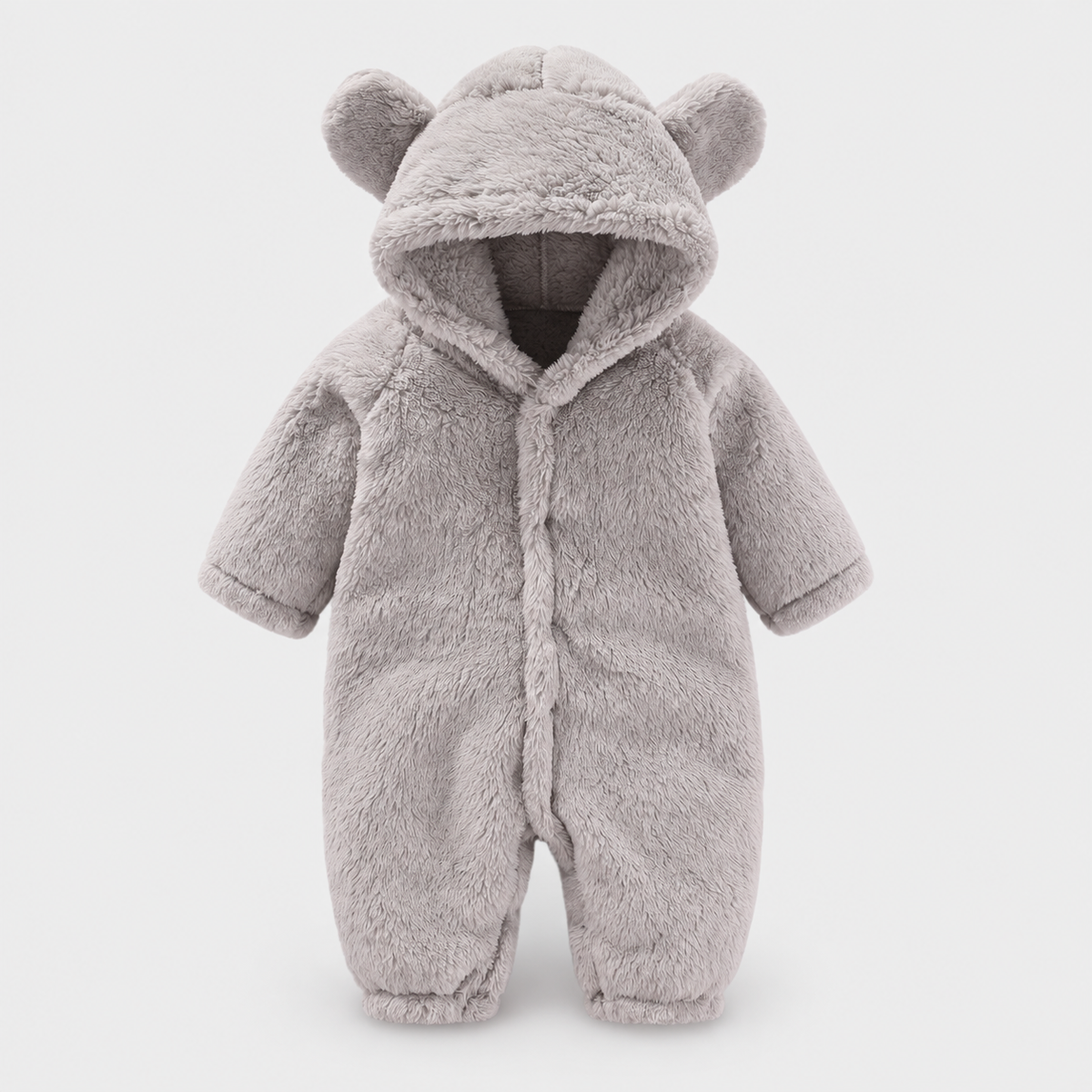 Grey plush baby hooded romper with bear ears, studio product view