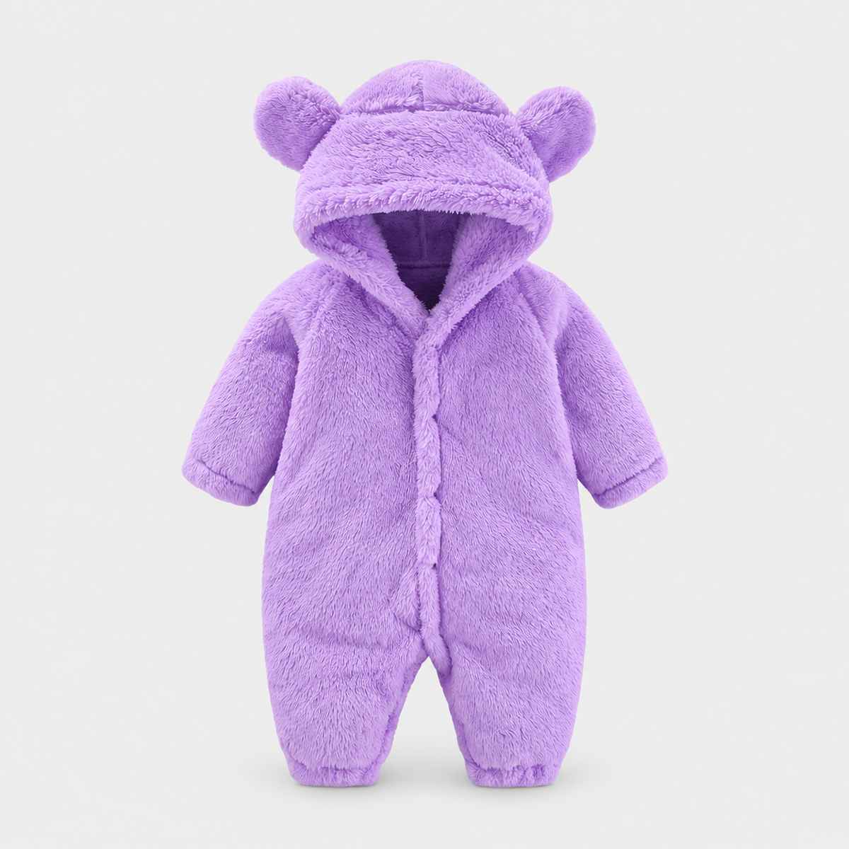 Purple plush baby hooded romper with bear ears, studio product view
