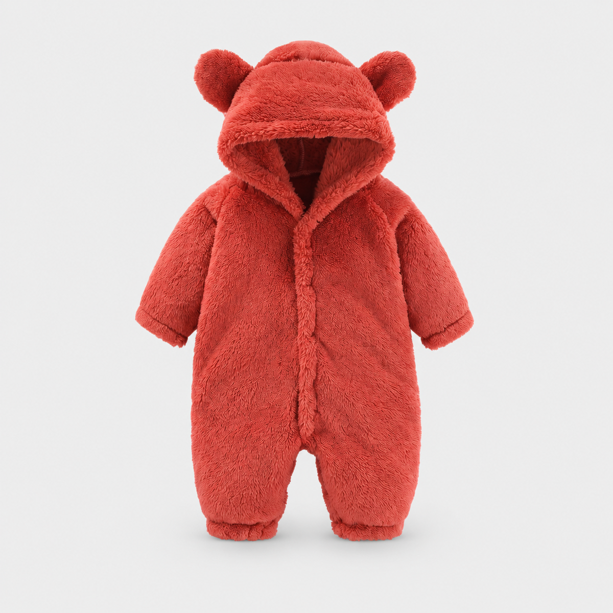 Red plush baby hooded romper with bear ears, studio product view
