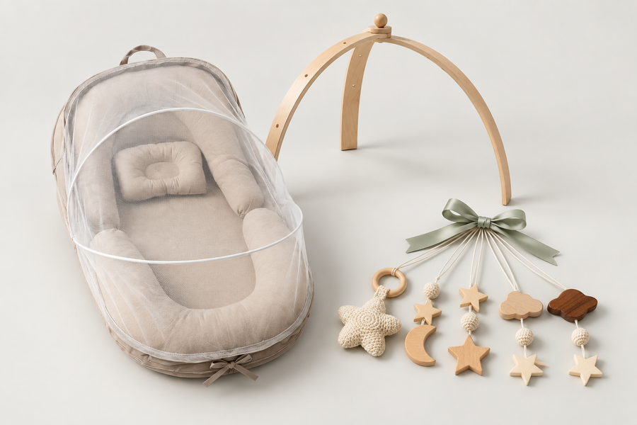 TravelNest 2.0, Dream Arch Play Gym and Dream Arch Toys set with a sage ribbon