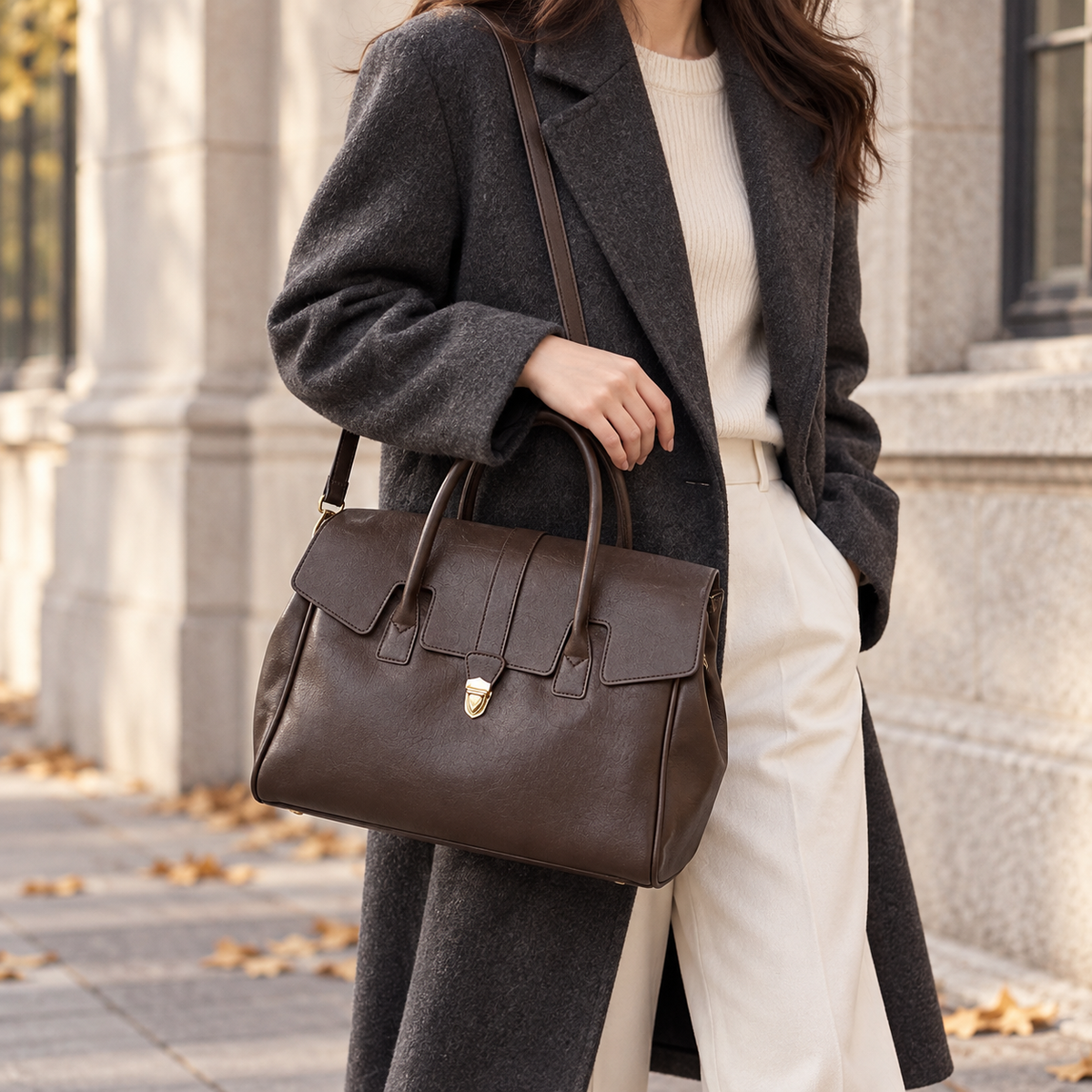 Retro Flap Tote in Coffee carried on the shoulder in a city setting