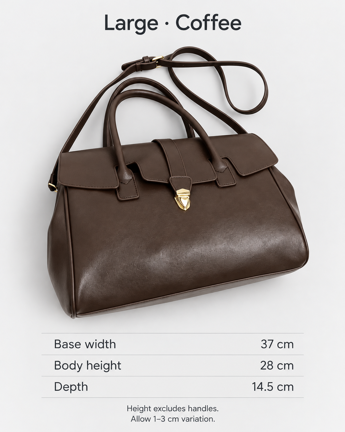 Retro Flap Tote Large in Coffee — base width 37 cm, body height 28 cm excluding handles, depth 14.5 cm; allow 1–3 cm variation.