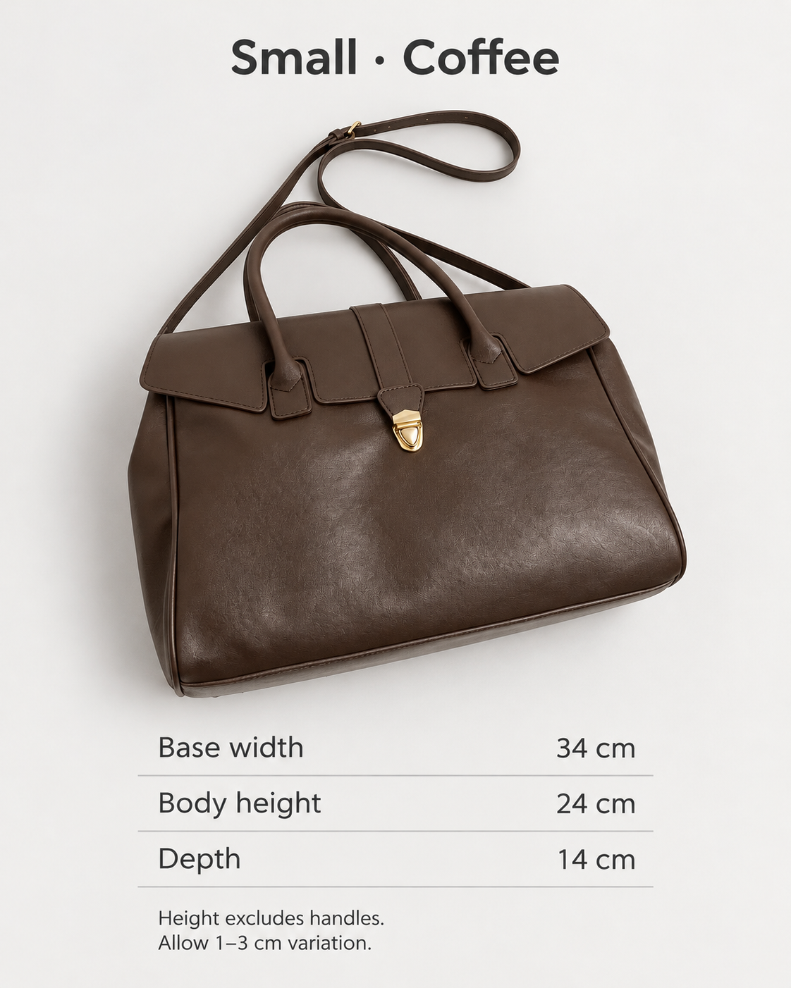 Retro Flap Tote Small in Coffee — base width 34 cm, body height 24 cm excluding handles, depth 14 cm; allow 1–3 cm variation.