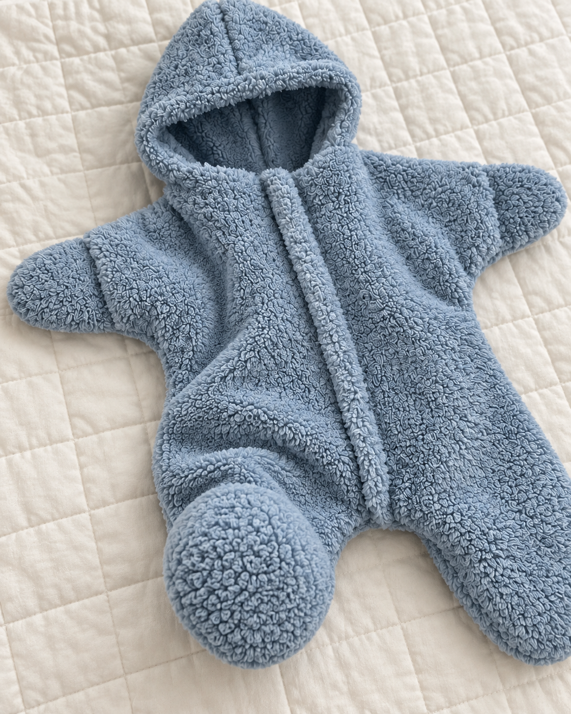 Blue Starfish garment close-up showing fleece texture, front opening and covered foot