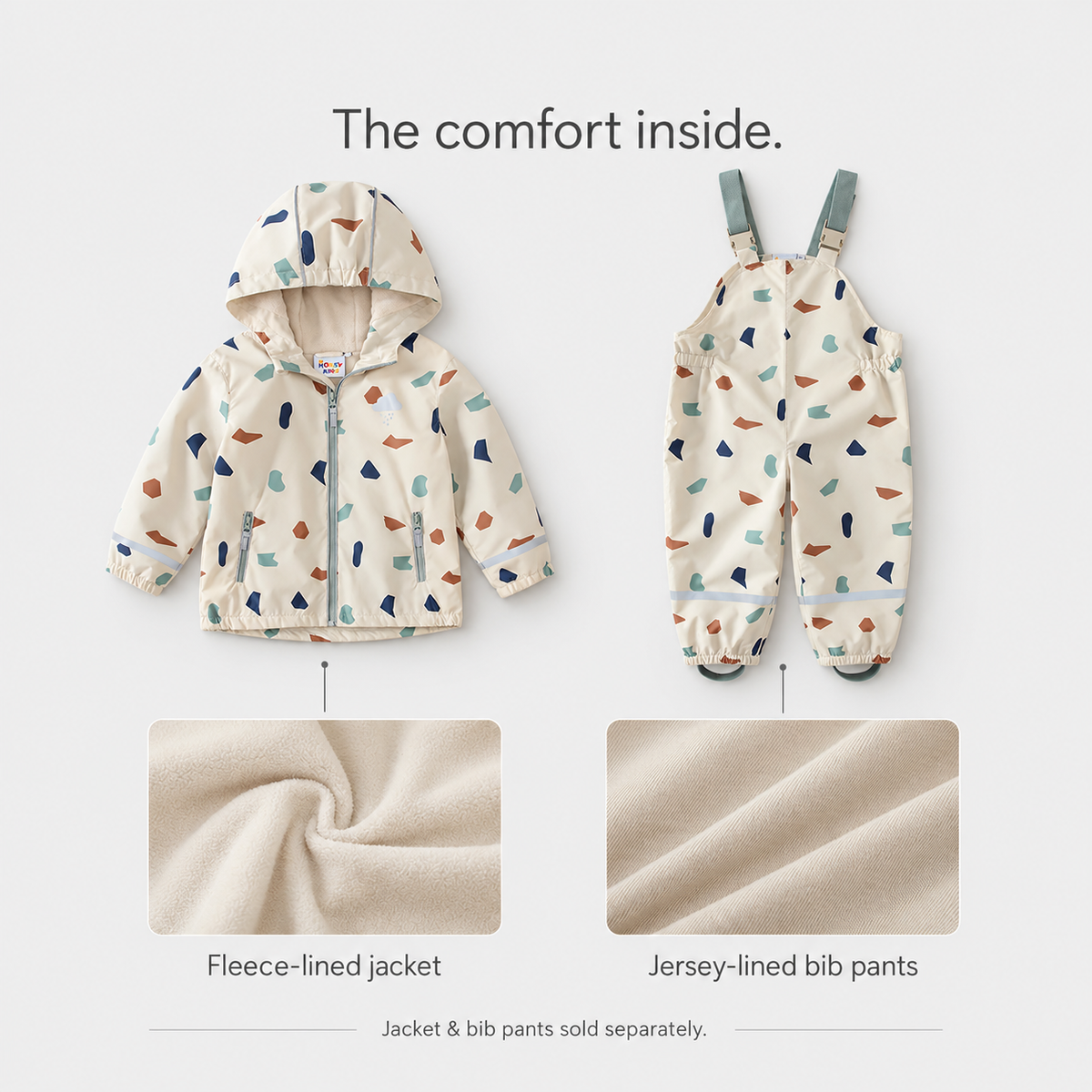 Terrazzo fleece-lined jacket and jersey-lined bib pants; sold separately.