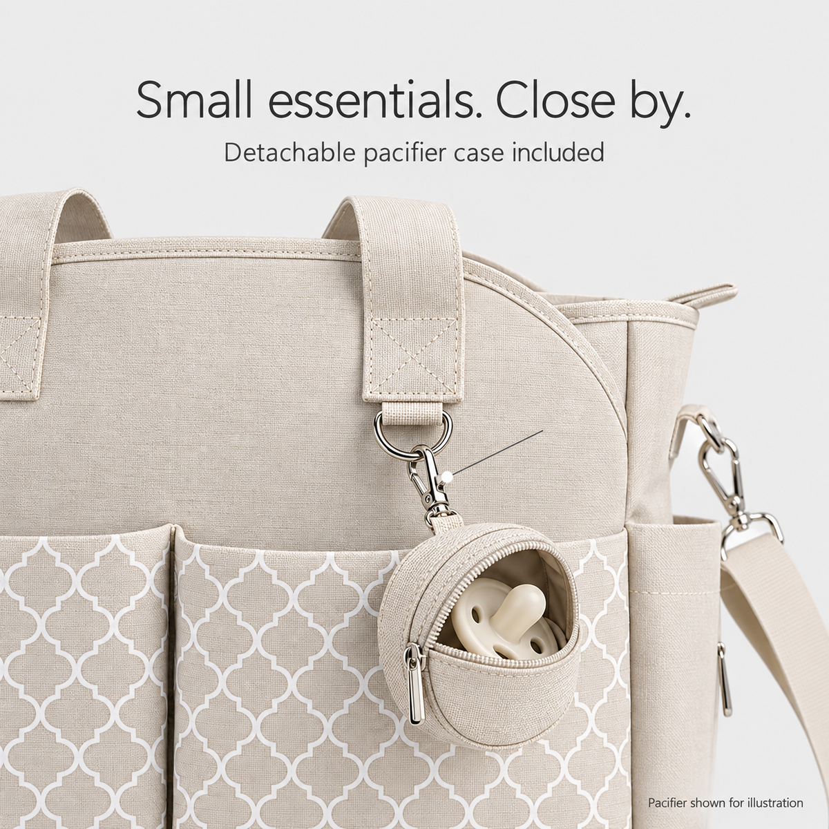 Included detachable pacifier case and clip; pacifier shown for illustration