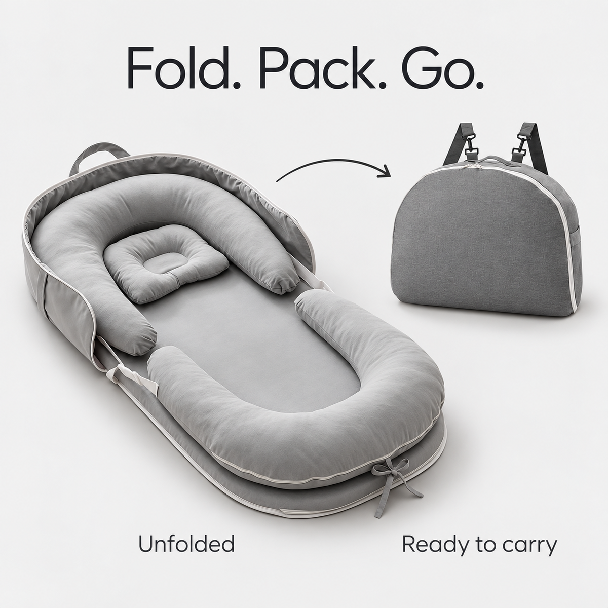 TravelNest 2.0 — Folded and unfolded configurations, studio product view