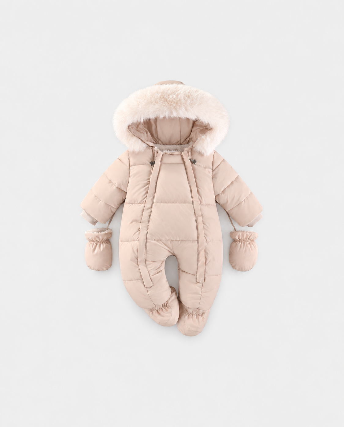 Arctic Cloud 2.0 beige baby snowsuit with twin front zips, fur-trimmed hood and mittens on a light grey background