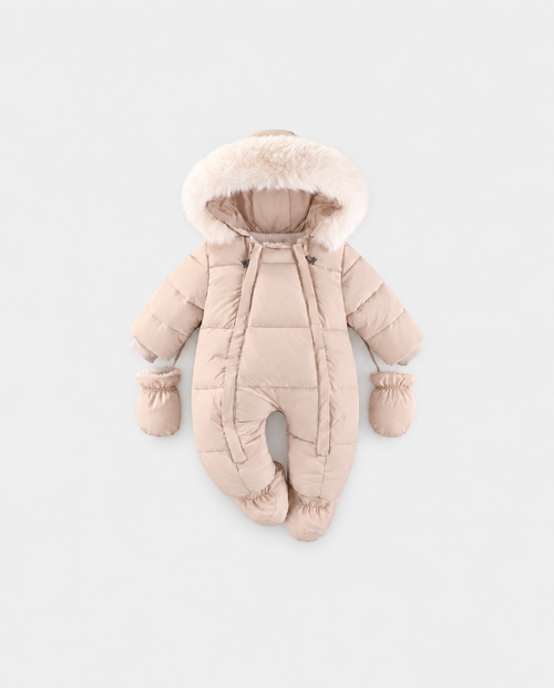Arctic Cloud 2.0 beige baby snowsuit with twin front zips, fur-trimmed hood and mittens on a light grey background