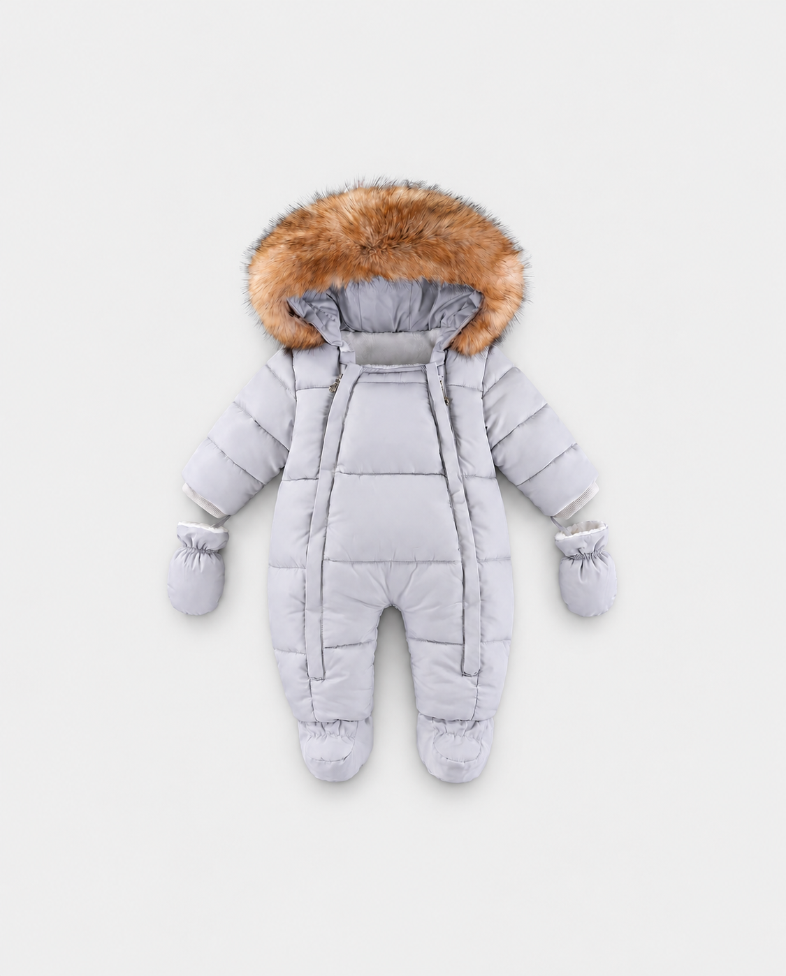 Arctic Cloud 2.0 grey baby snowsuit with twin front zips, fur-trimmed hood and mittens on a light grey background