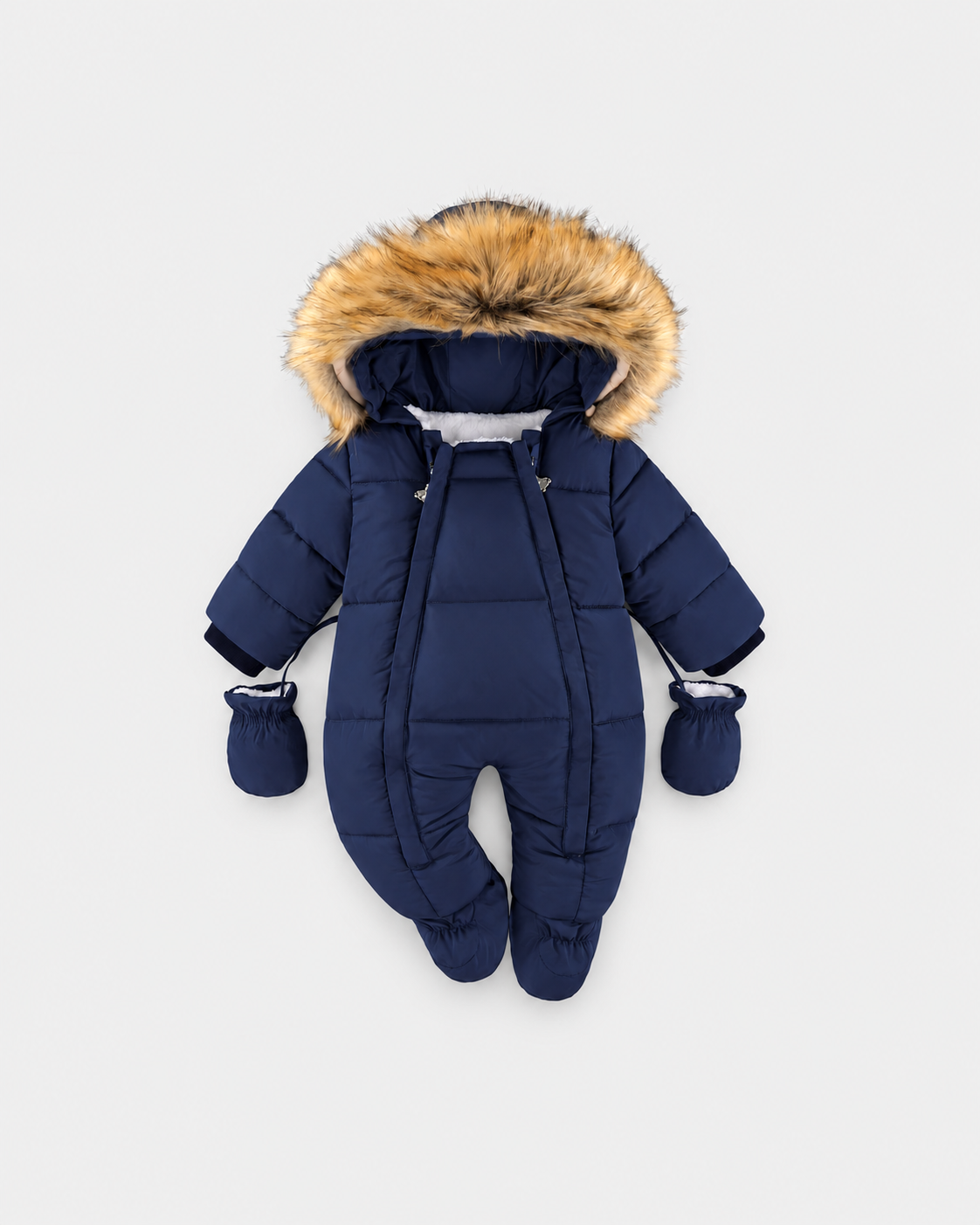 Arctic Cloud 2.0 navy blue baby snowsuit with twin front zips, fur-trimmed hood and mittens on a light grey background
