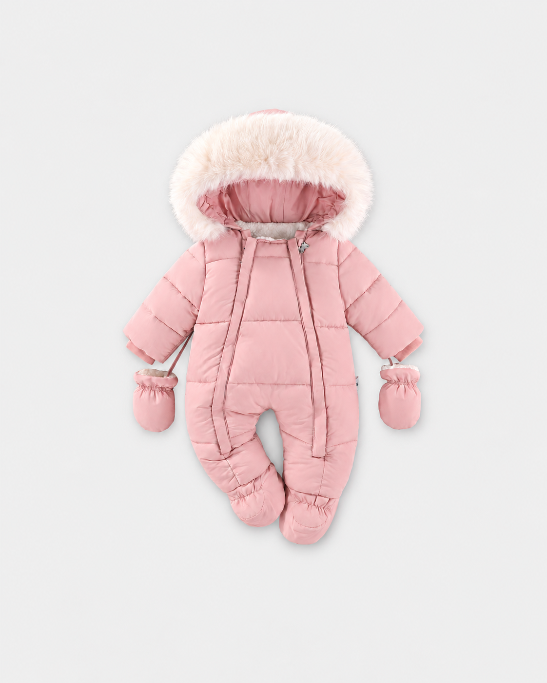 Arctic Cloud 2.0 pink baby snowsuit with twin front zips, fur-trimmed hood and mittens on a light grey background