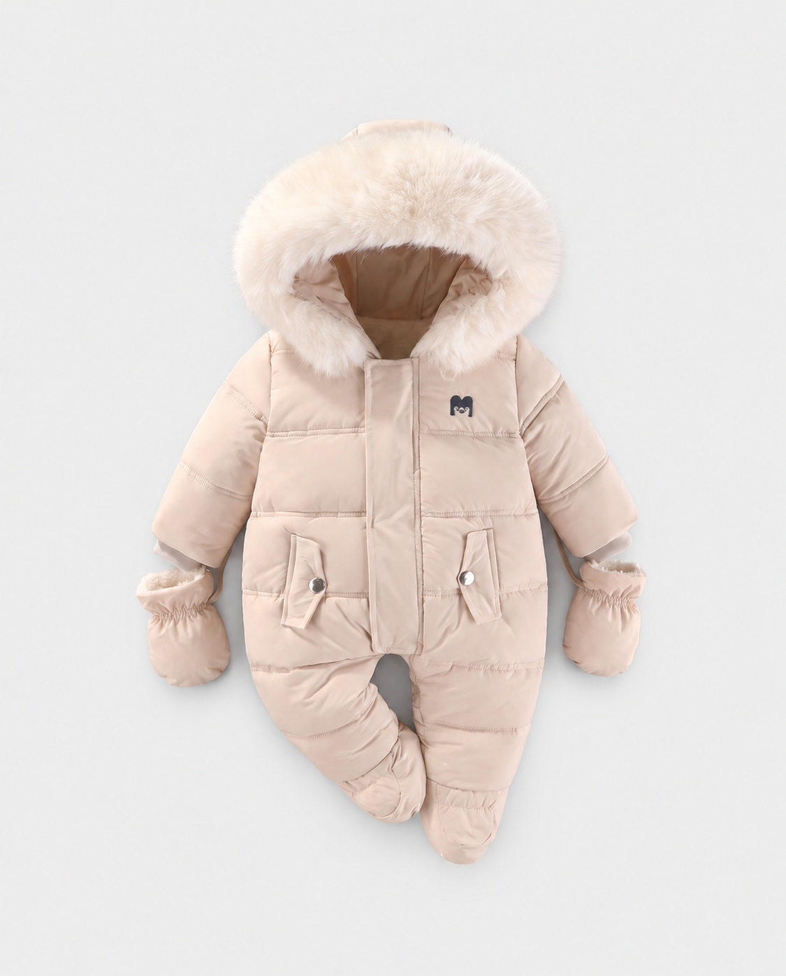 Arctic Cloud beige baby snowsuit with fur-trimmed hood and mittens on a light grey studio background