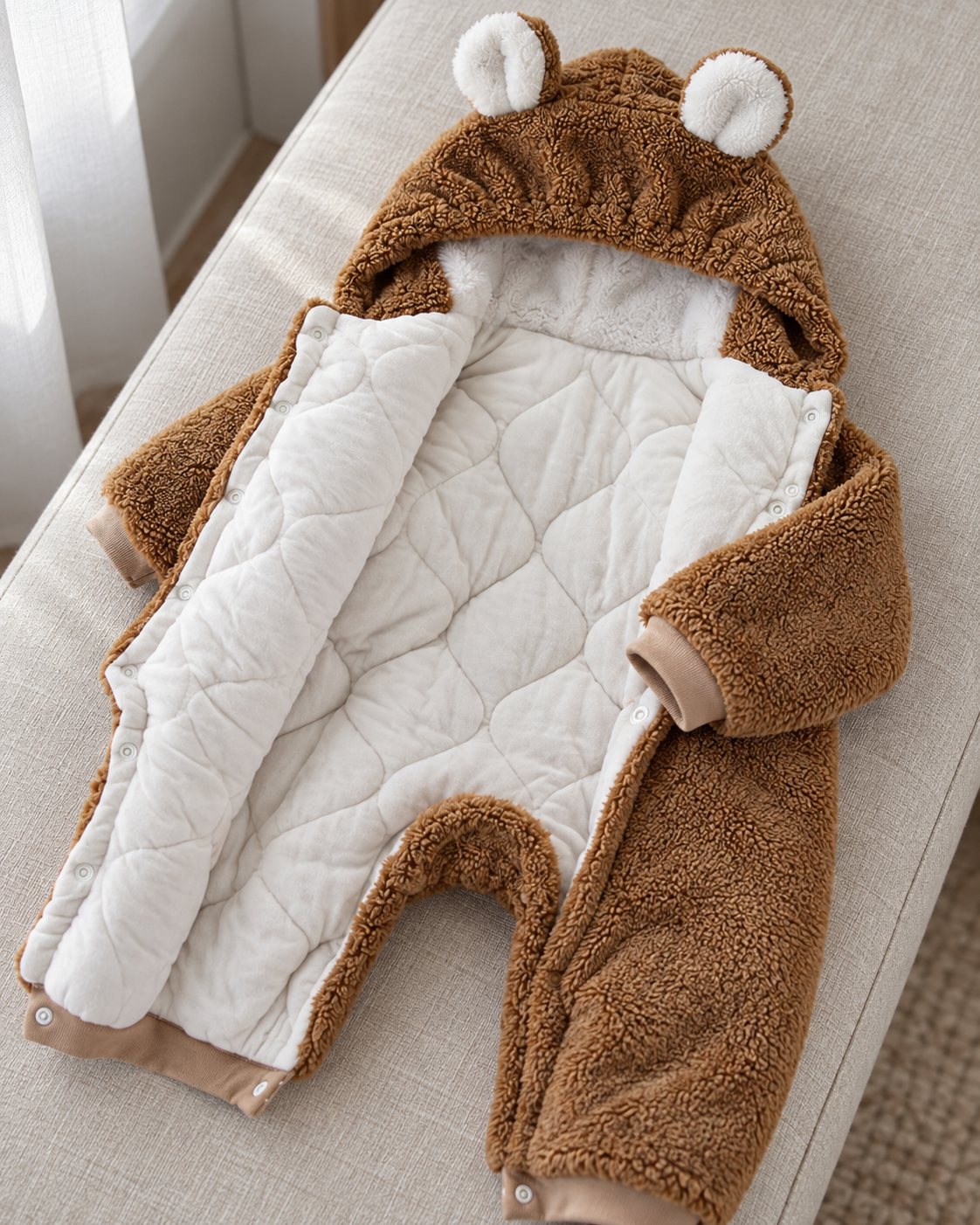 Brown Bear Jumpsuit opened to show quilted lining, snap fastenings and both hood ears
