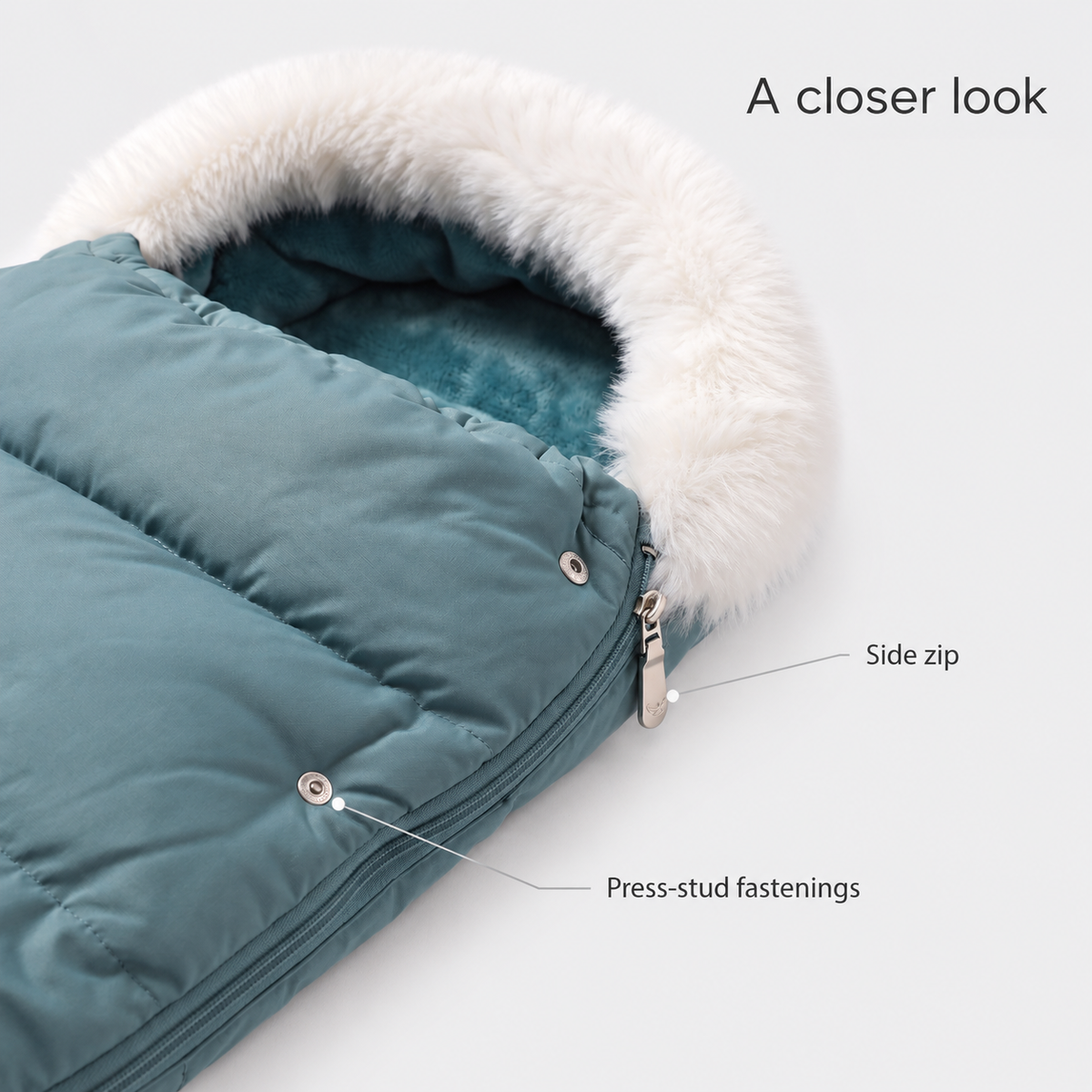 BearWarm Dusty Teal close-up showing side zip and press-stud fastenings
