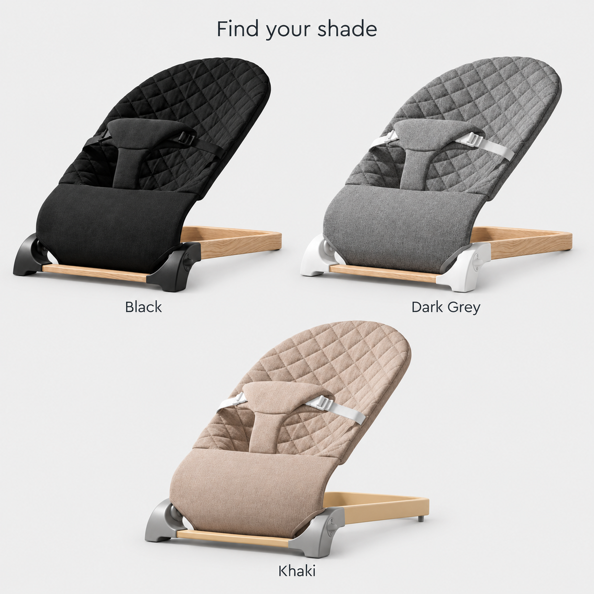 Baby Bouncer colour comparison — Black, Dark Grey and Khaki