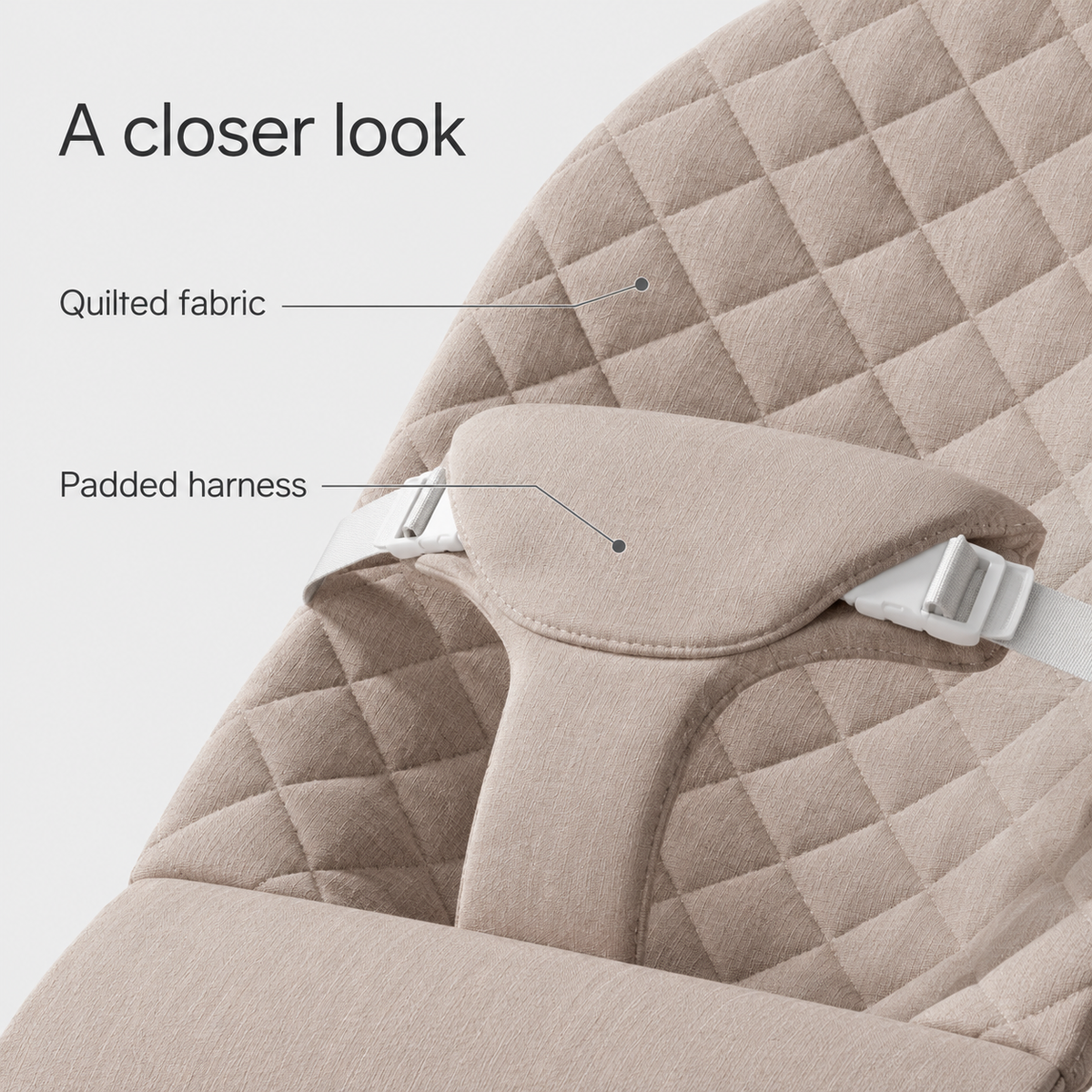 Khaki Baby Bouncer — close-up of quilted fabric and padded harness