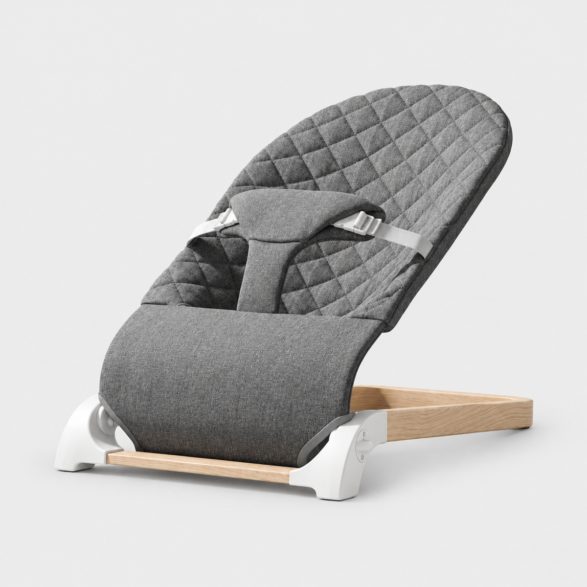 Baby Bouncer — Dark Grey with white buckles and woodgrain base