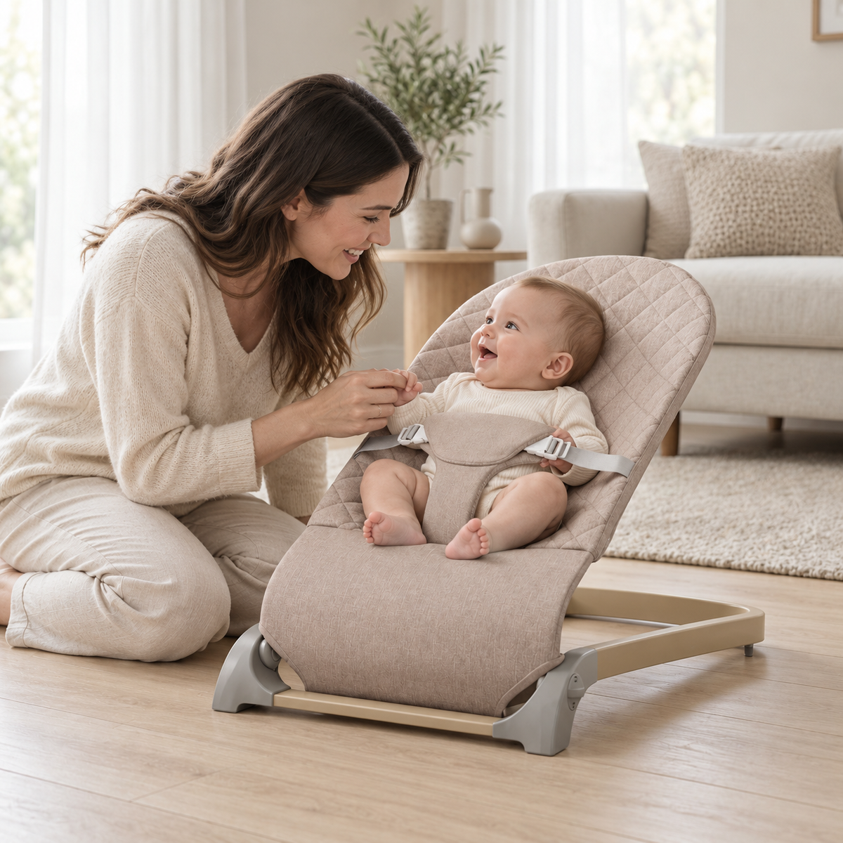 Khaki Baby Bouncer with an awake baby and a parent beside them