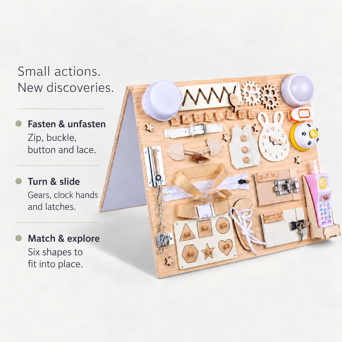 Busy Board activities — zip, buckle, button, lace, turn, slide and match six shapes
