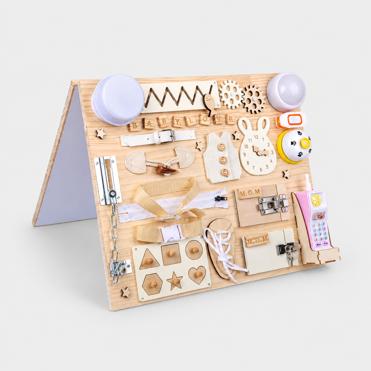 Montessori Busy Board — wooden activity board on a neutral studio background