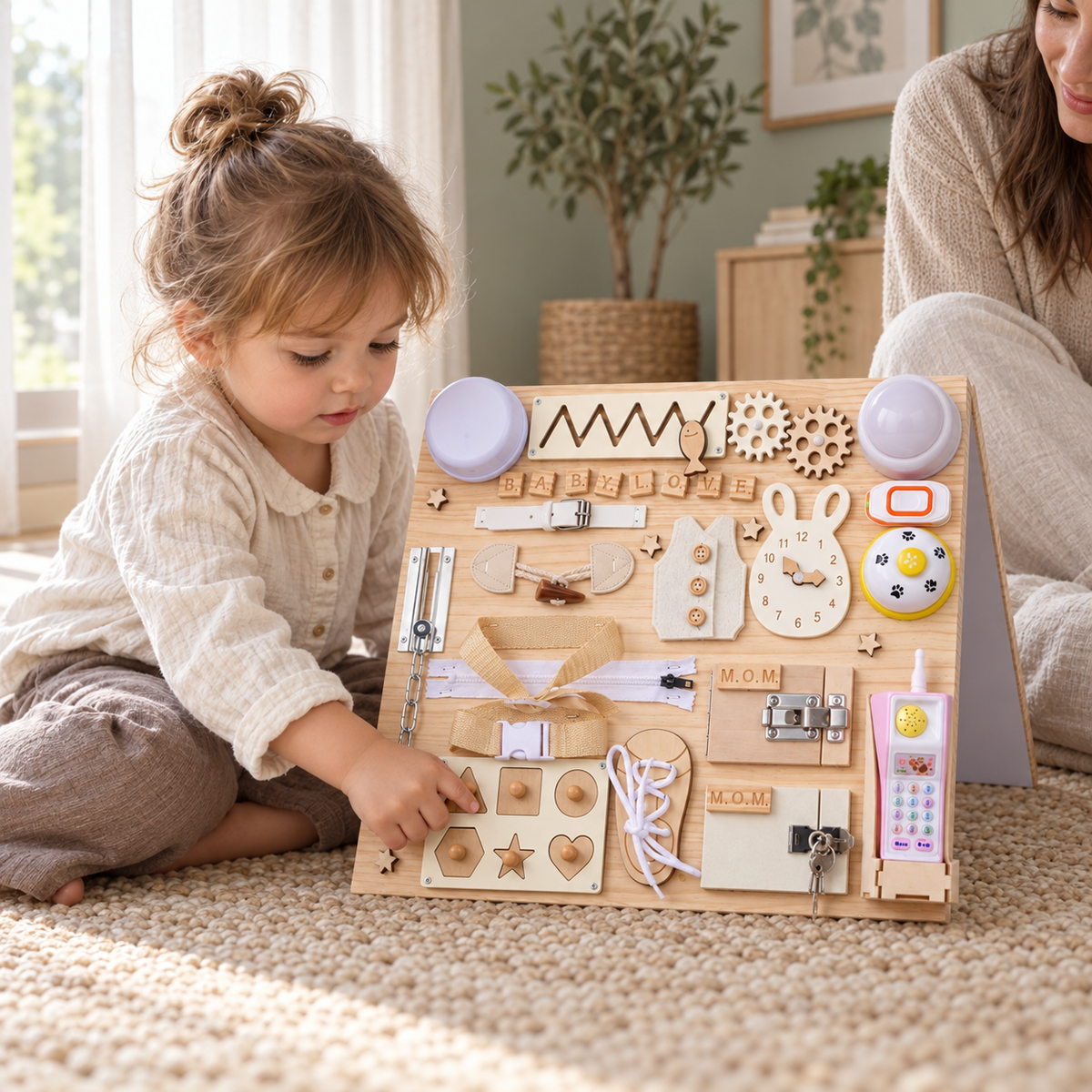 Montessori Busy Board — exploring the shape puzzle together at home