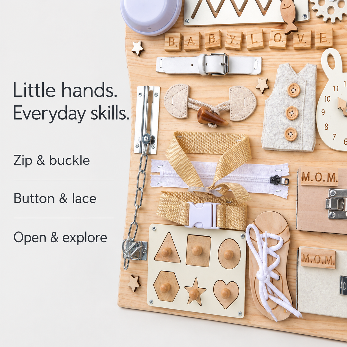 Busy Board details — zip, buckle, button, lace and explore