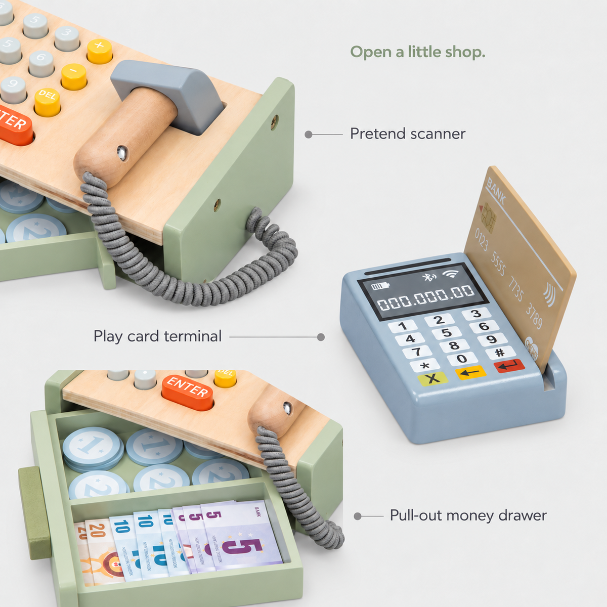 Wooden play cash register details with pretend scanner, play card terminal and pull-out money drawer.