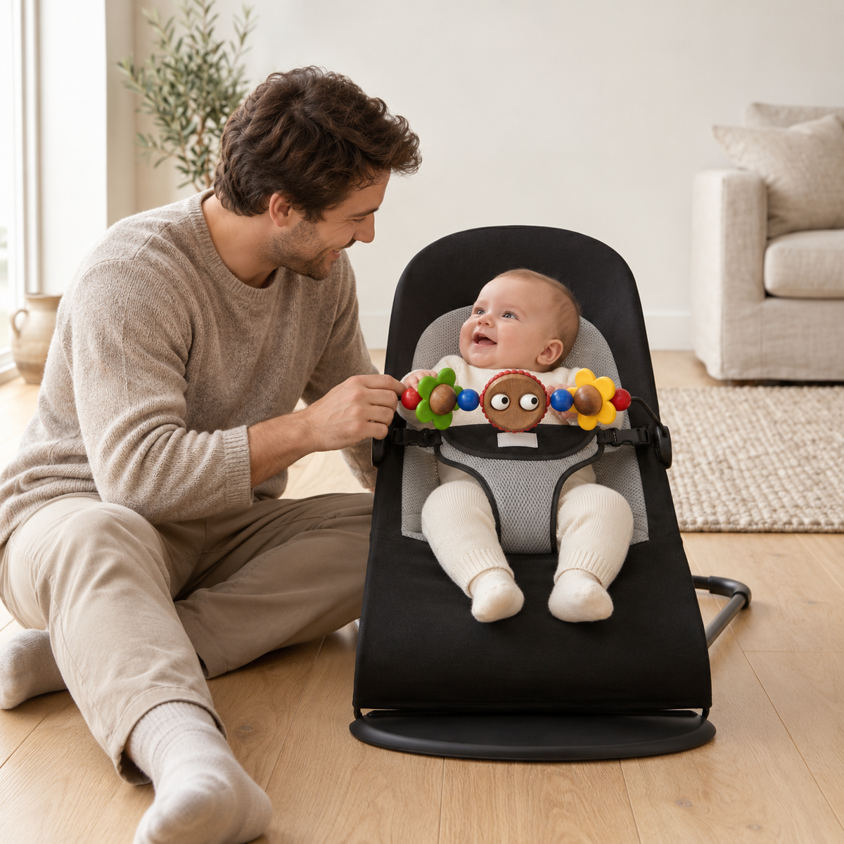 Awake baby in Comfort Rocker with a parent beside the chair