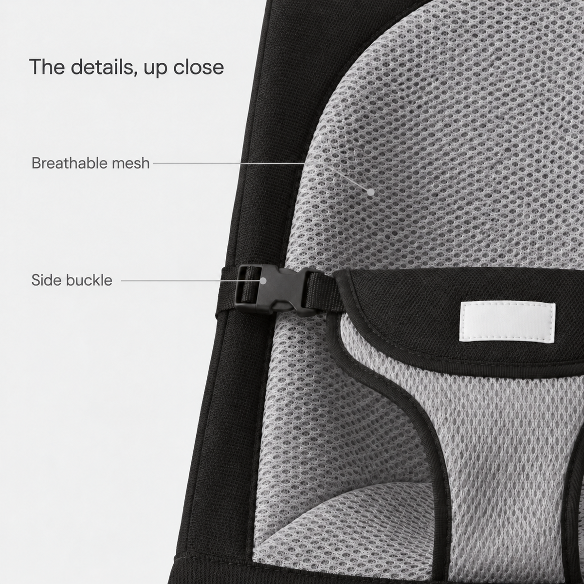 Comfort Rocker breathable mesh seat panel and side buckle close-up