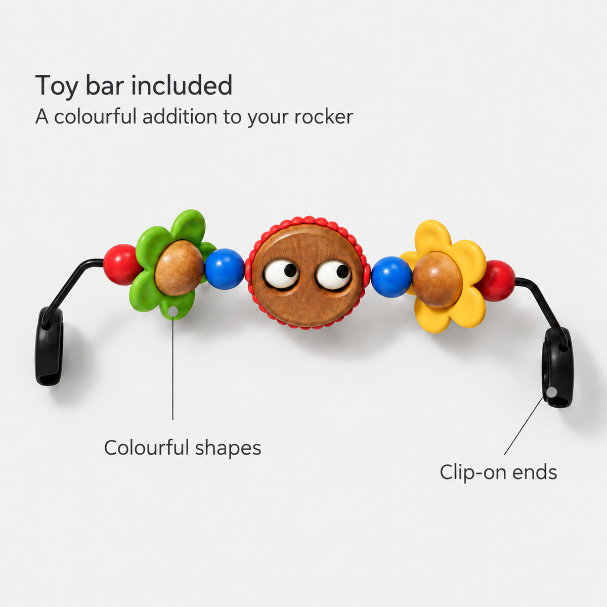 Included colourful toy bar with clip-on ends
