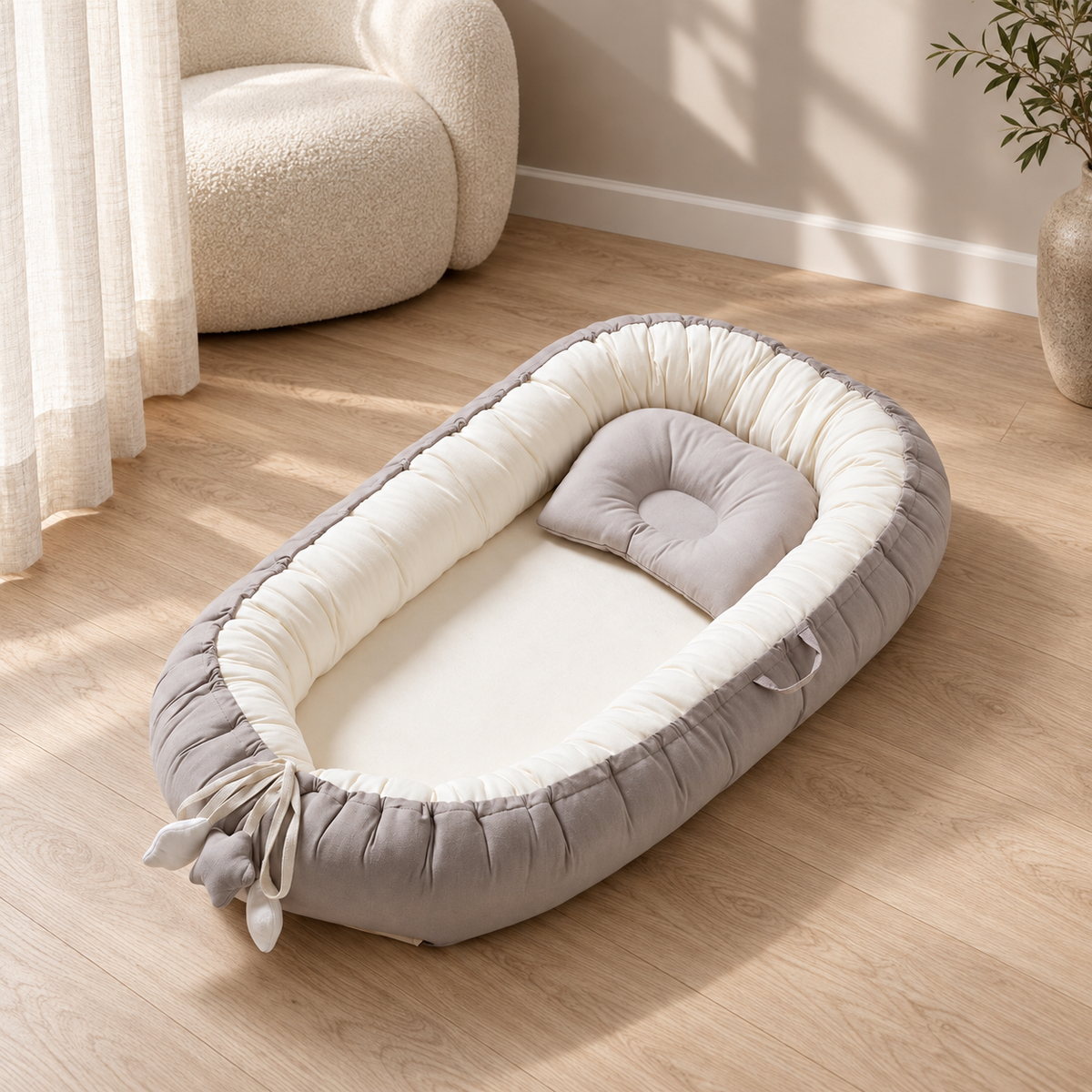 Grey and ivory CozyNest lounger displayed empty on an oak floor beside a boucle chair