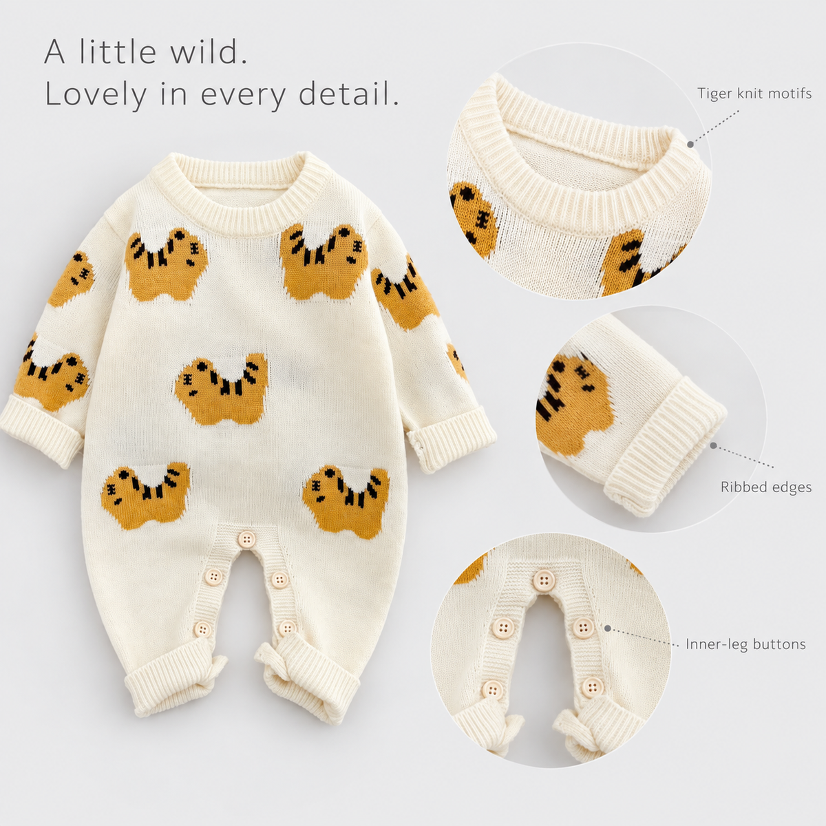 Cream Tiger knit romper: tiger motifs, ribbed edges and inner-leg buttons