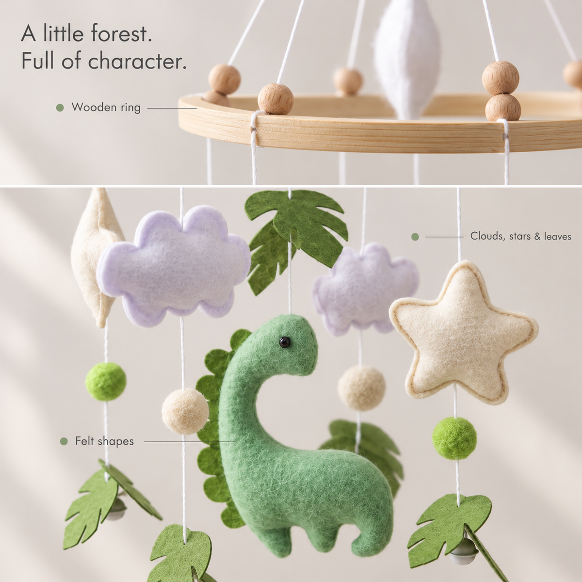 Dino Forest details — wooden ring, green dinosaur, pale lavender clouds, stars and leaves