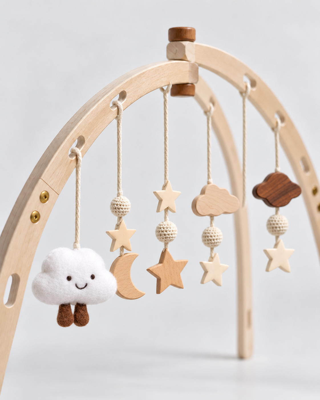 PerfectBaby Dream Arch Cloud & Star Harmony toys hanging on curved wooden arch